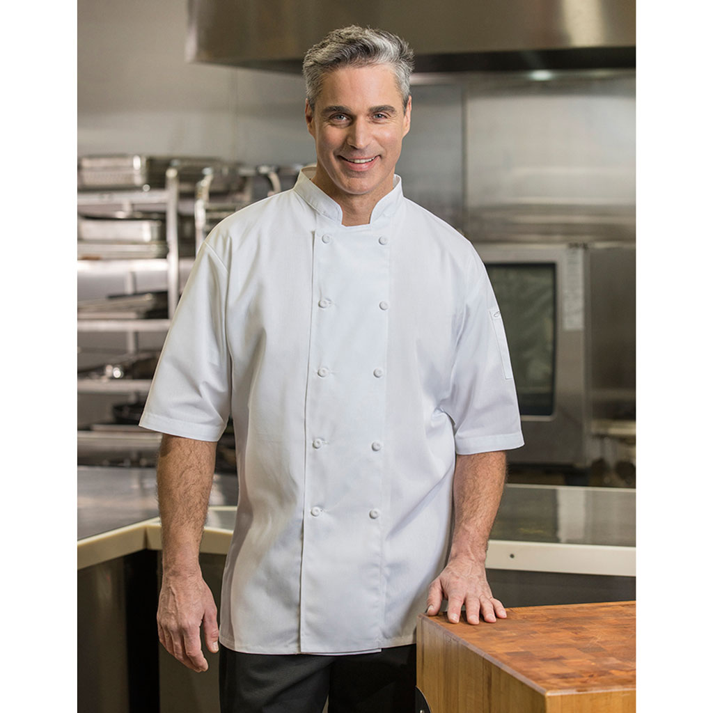 Short Sleeved Chef Jacket with Cloth Covered Buttons, 65% Polyester/35% Cotton