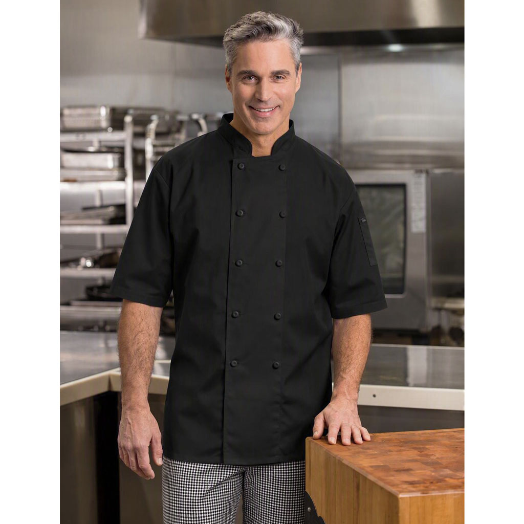 Short Sleeved Chef Jacket with Cloth Covered Buttons, 65% Polyester/35% Cotton